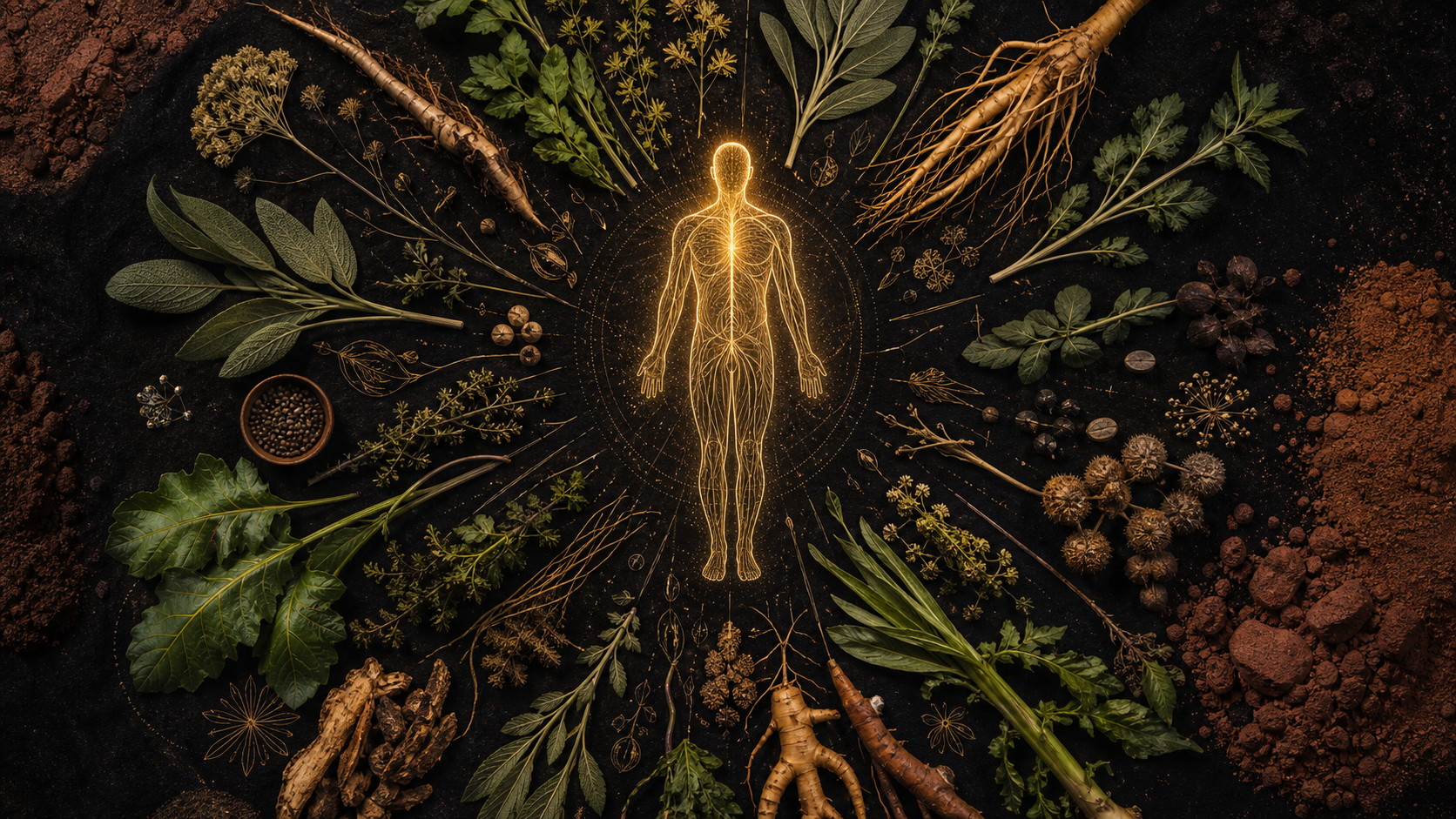 Botanical herbs and roots arranged around a luminous body illustration